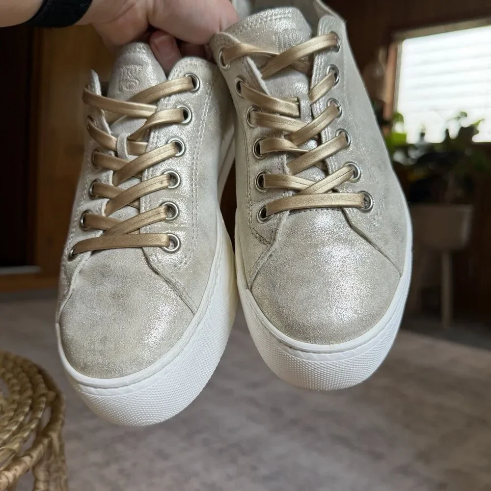 $420 Paul Green Hadley Platform Sneaker Leather Metallic Gold Beige UK 5.5 US 8